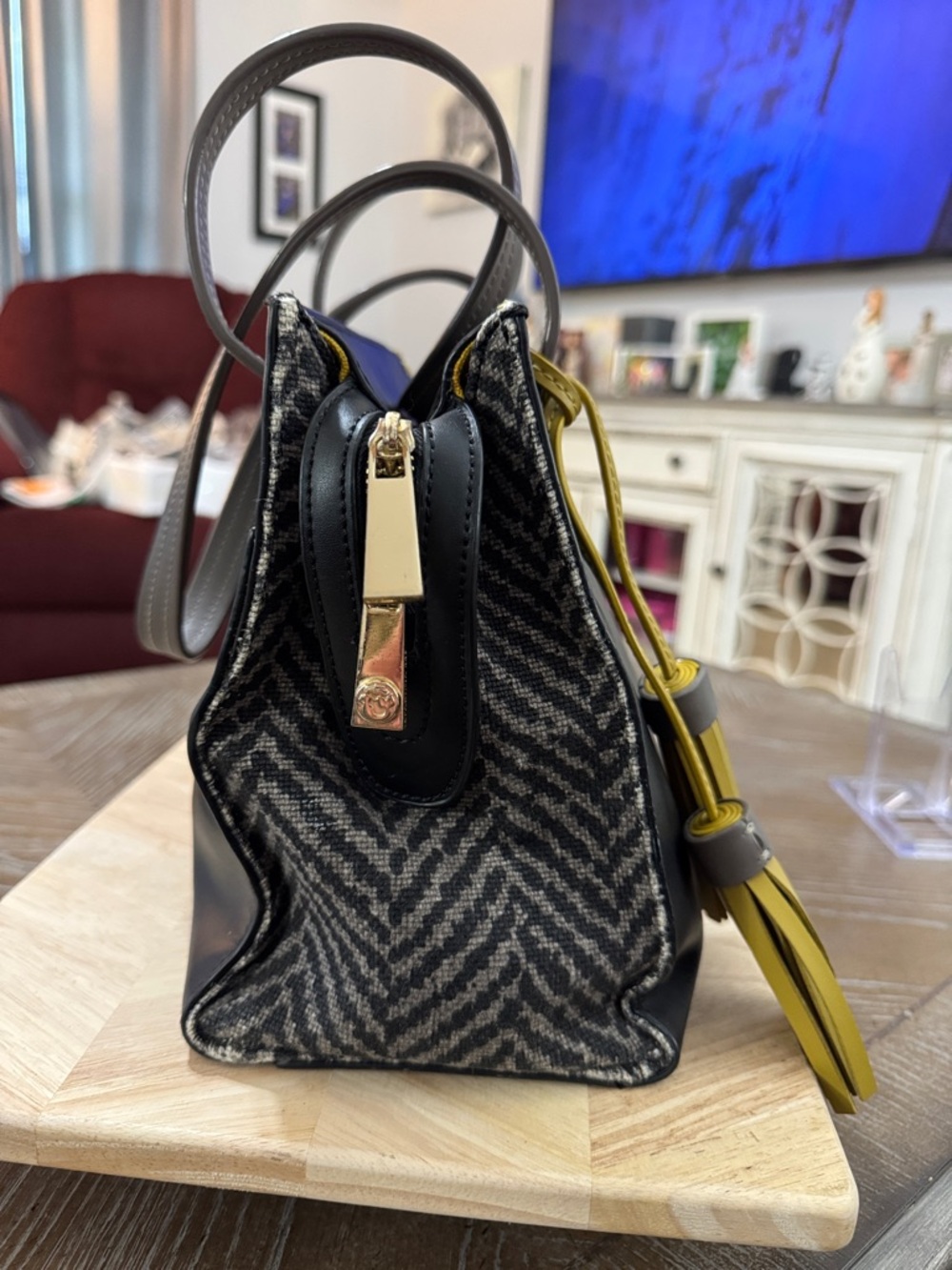 Spartina 449 Black Leather Satchel with Yellow Tassels and Gray Handles - Picture 2 of 12